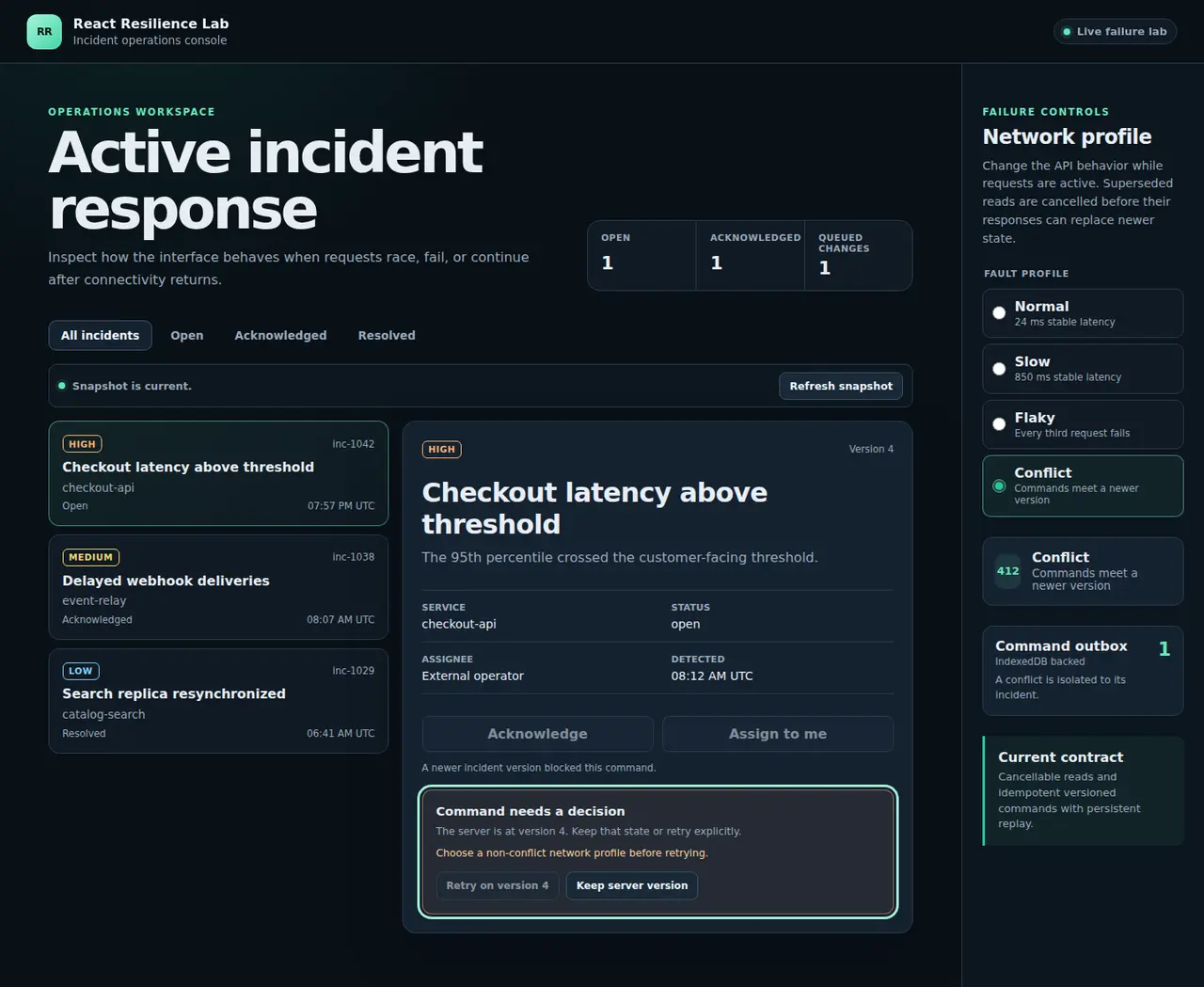 Incident-Konsole des React Resilience Lab